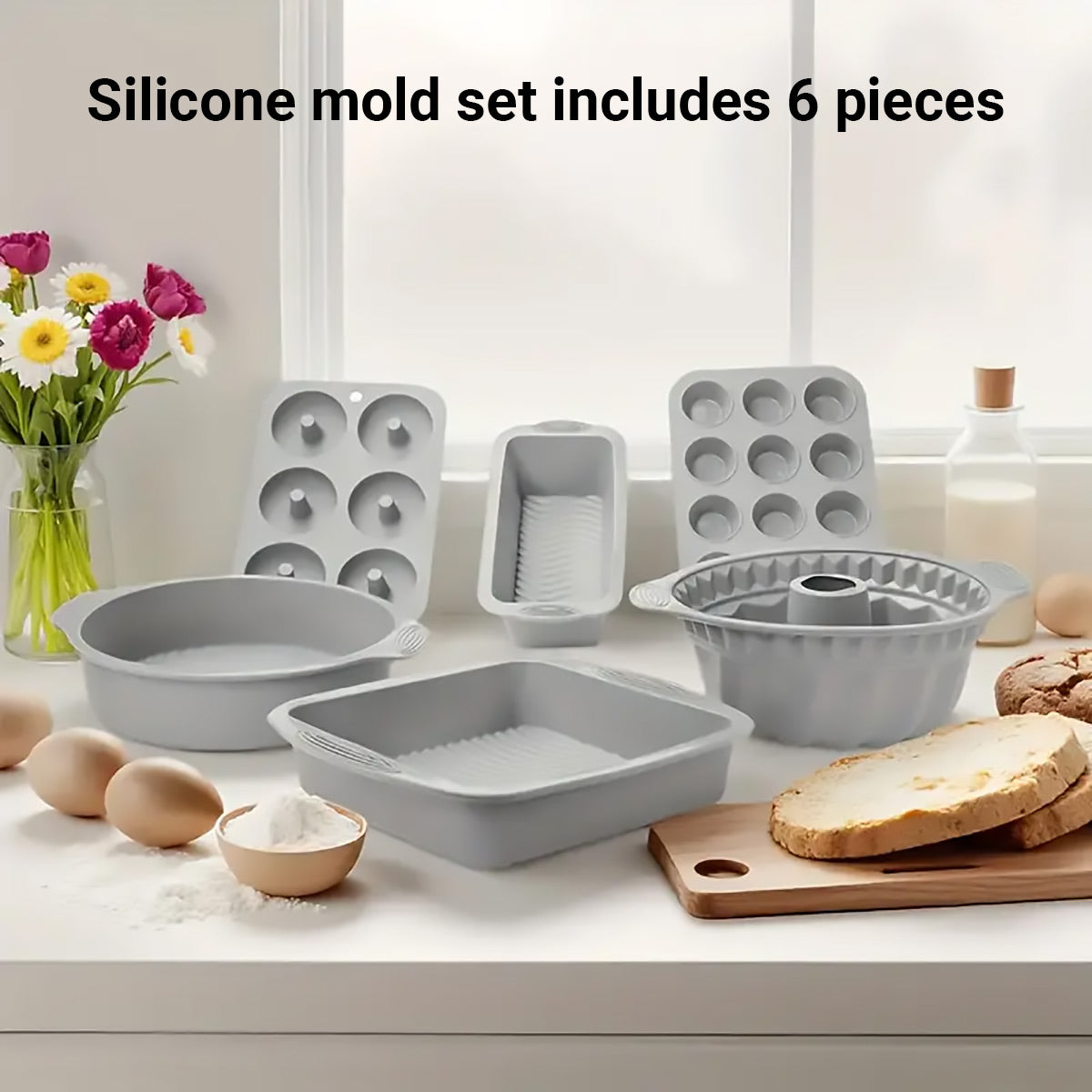 6PCS Silicone Cake Mould Set Baking Pans Nonstick Cupcake Cookie Tools Reusable - Green