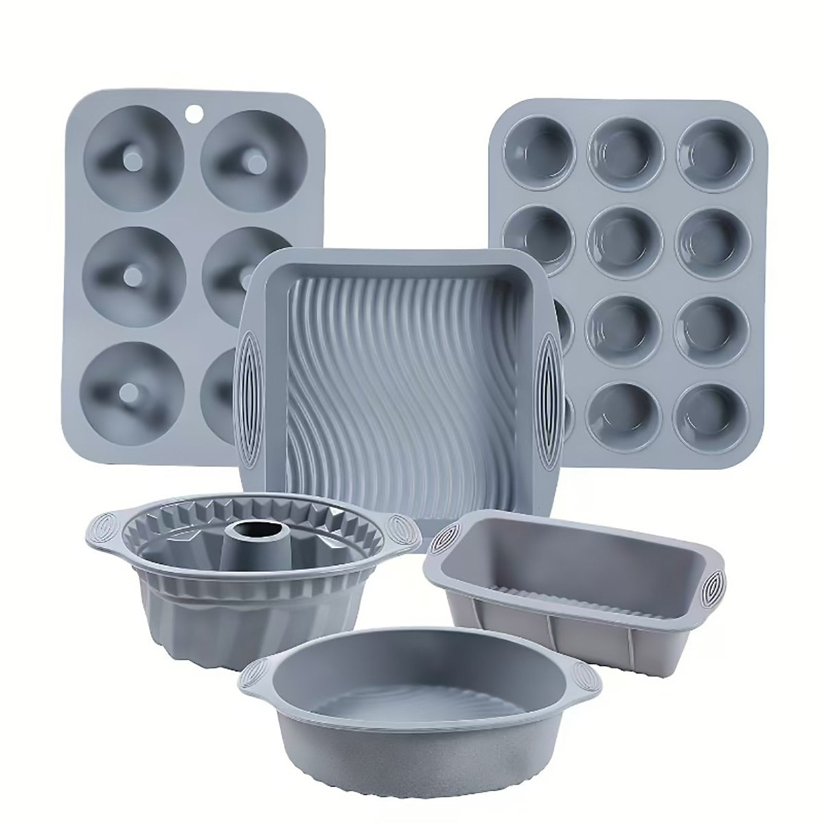 6PCS Silicone Cake Mould Set Baking Pans Nonstick Cupcake Cookie Tools Reusable - Grey