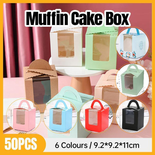 50 Pack Premium Cupcake Boxes with Window Thickened Cardboard Muffin Holders - Red