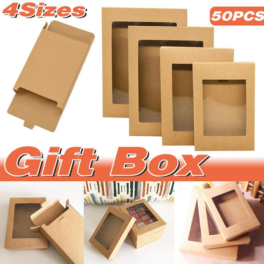 50PCS Kraft Paper Gift Boxes with PVC Window White Black Bakery Packaging Carton - S