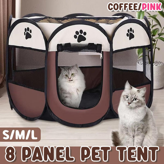 Pet Fence Indoor Cat Dog Tent Octagonal Fence Portable Foldable Cage Kennel - L-Coffee