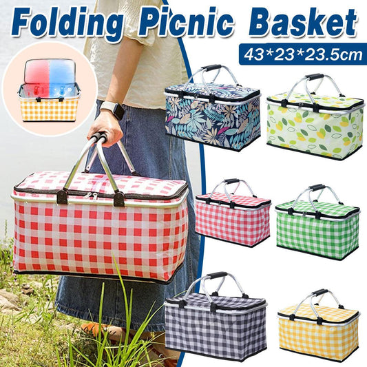 Foldable Picnic Basket Outdoor Camping Carrying Basket Portable Food Storage - Greenery