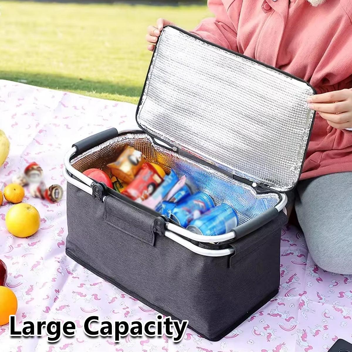 Folding Picnic Basket Insulated Cooler Bag Portable Outdoor Grocery Storage - Navy