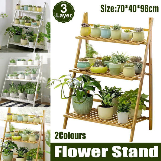 Balcony Plant Stand 3-Layer Wooden Flower Pot Corner Stand White Log Foldable - White