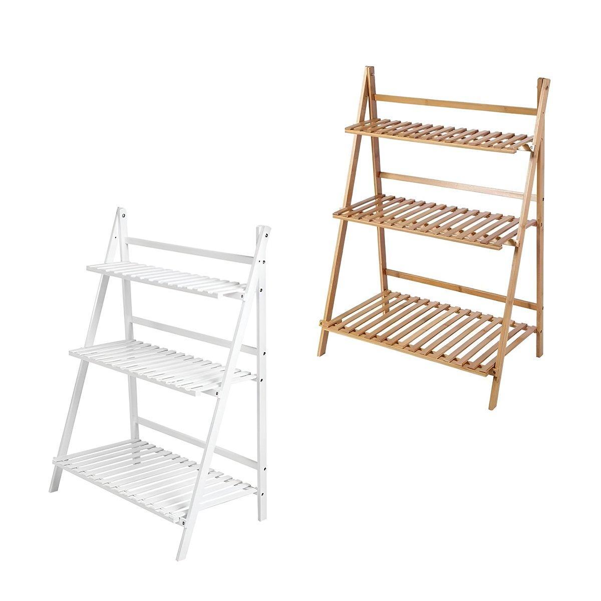 Balcony Plant Stand 3-Layer Wooden Flower Pot Corner Stand White Log Foldable - White