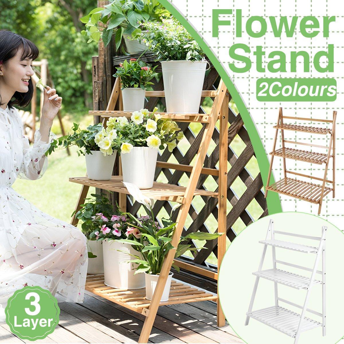 Balcony Plant Stand 3-Layer Wooden Flower Pot Corner Stand White Log Foldable - White