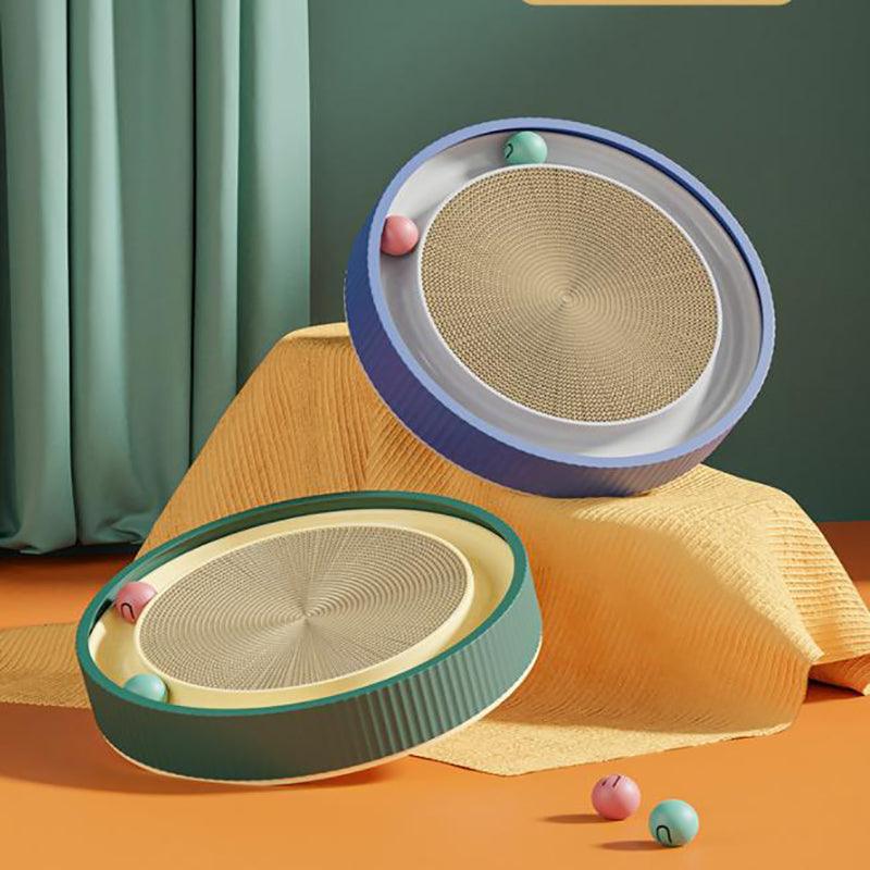 Cat Scratcher Lounge Bed Toy 40cm Round Foldable Cardboard Pad with Ball Track - Blue