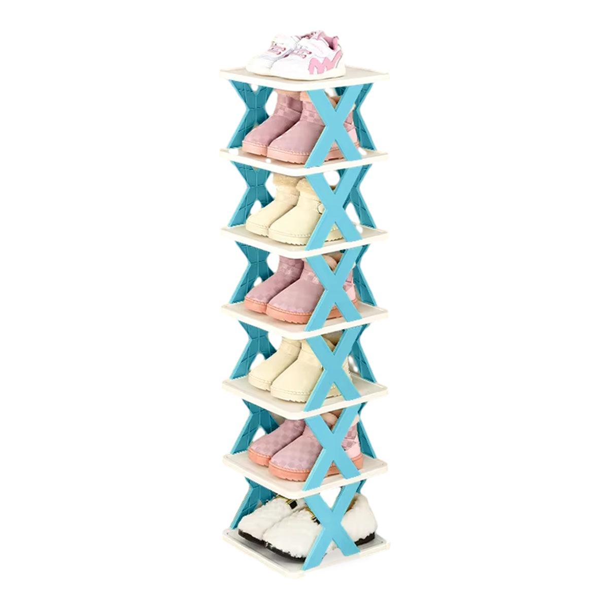 6/7 Tier Shoe Rack Space Saving Small Shoe Cabinet Storage Shelf Organizer - Blue-6 Layer