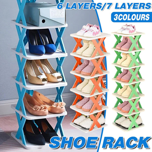 6/7 Tier Shoe Rack Space Saving Small Shoe Cabinet Storage Shelf Organizer - Blue-7 Layer