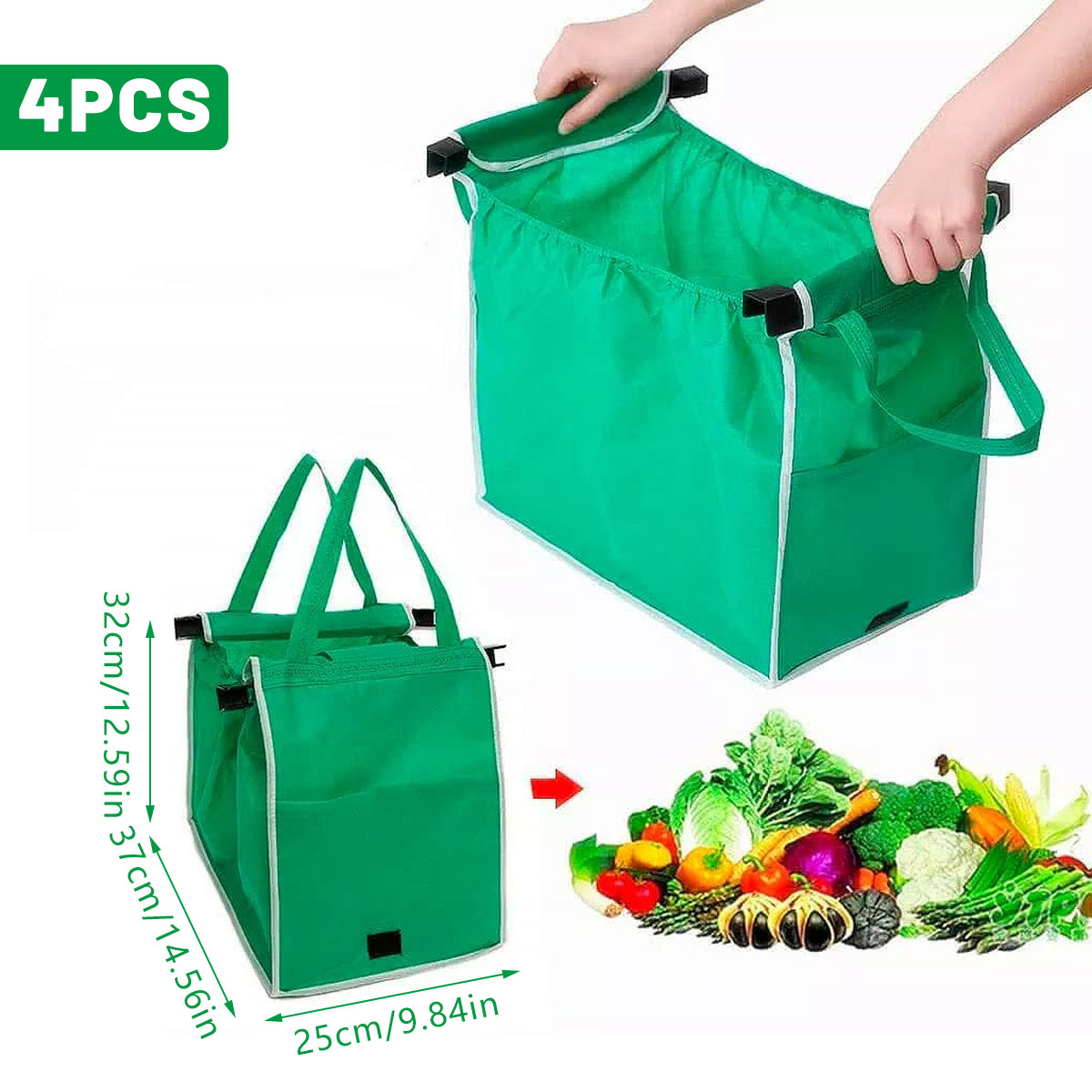 4 x Reusable Supermarket Shopping Trolley Clip-on Large Foldable Grab Handle Bag