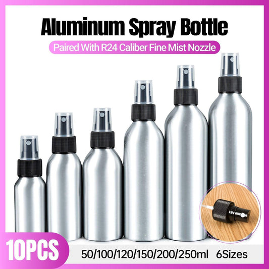 10pcs Travel Size Refillable Aluminum Spray Bottles Toner Cleaning Solution Mist - 10pcs-100ml
