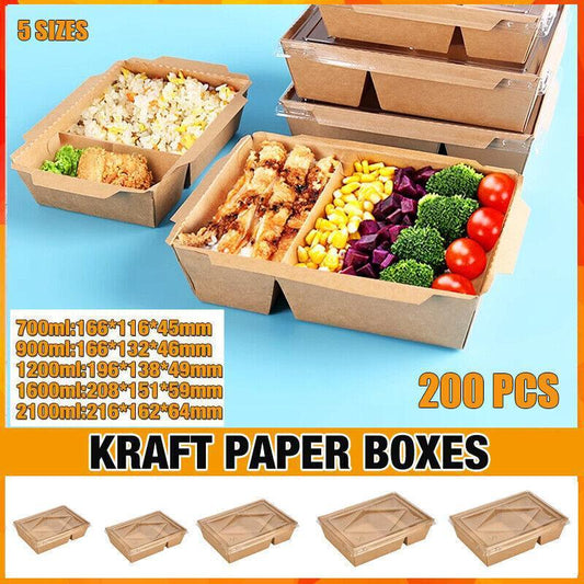 200 x Brown Bento Salad Pasta Rice Kraft Paper Lunch Box Takeaway Food Container - 900ml+PET lid