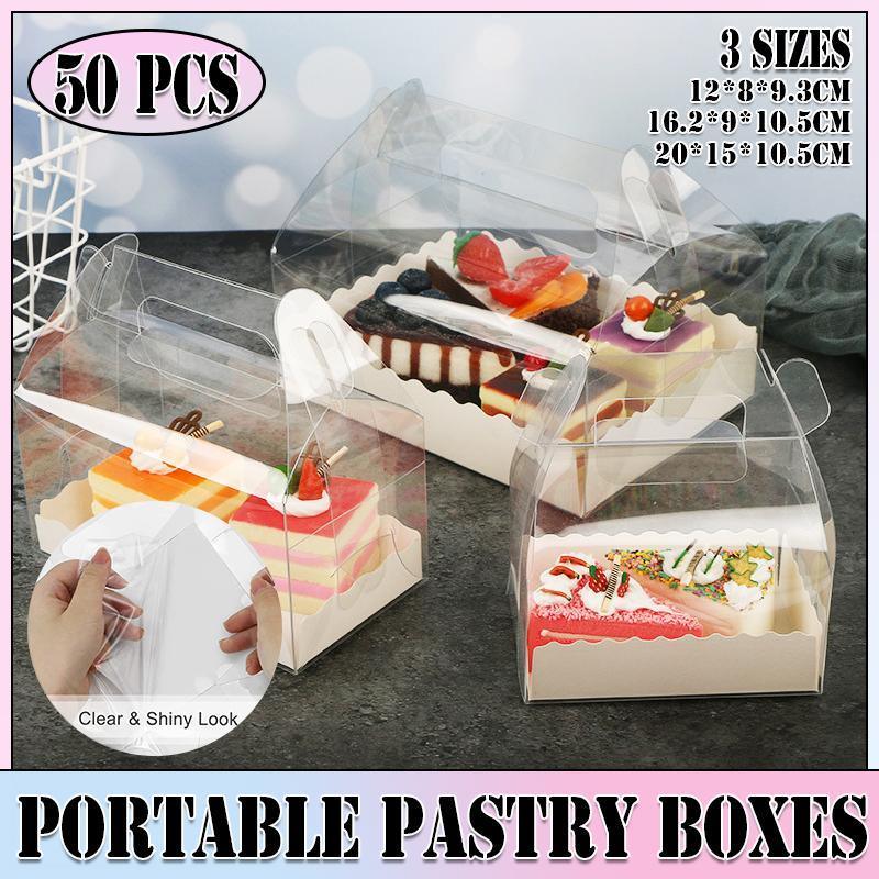 50PCS Portable Pastry Boxes Portable Cake Box Paper Cookie Boxes Sandwich Box - S-Transparent+White inner tray