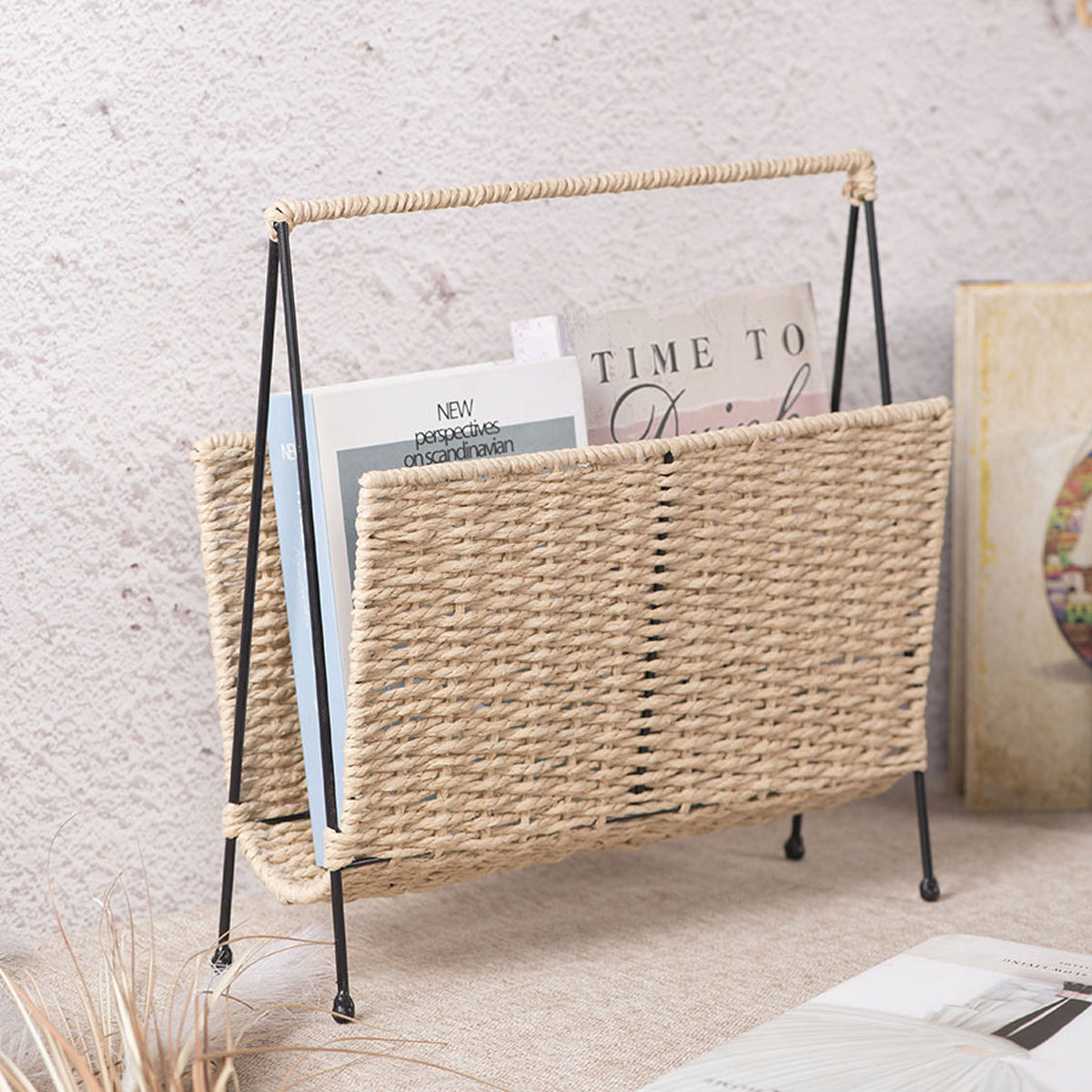 Natural Handwoven Magazine Rack Tabletop Bookshelf Newspaper Storage Basket