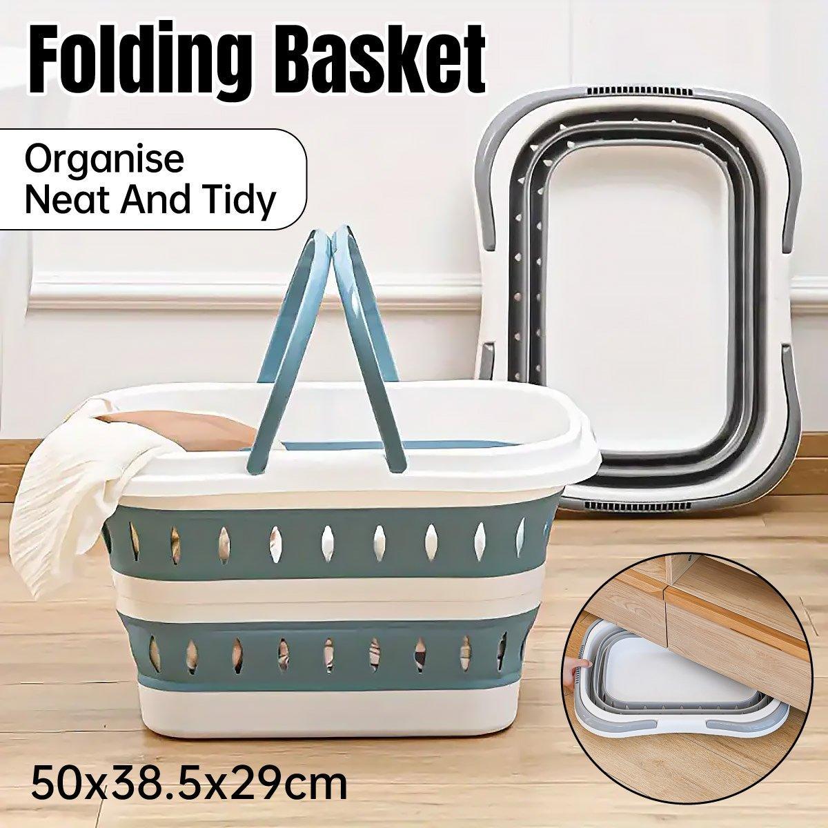 Large Folding Laundry Basket Plastic Dirty Clothes Hamper Blue Bathroom Storage - Blue