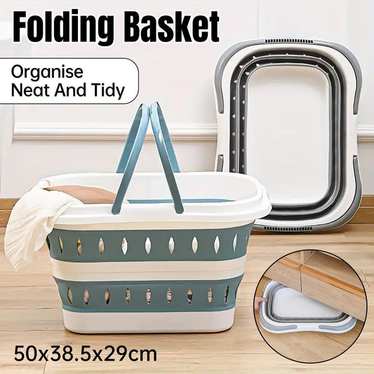 Large Folding Laundry Basket Plastic Dirty Clothes Hamper Blue Bathroom Storage - Blue