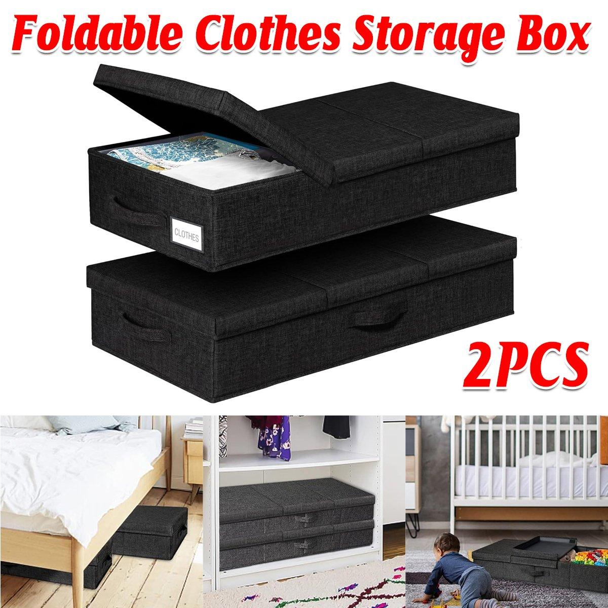 2PCS Black Foldable Storage Box Underbed with Lid Fabric Wardrobe Organizers