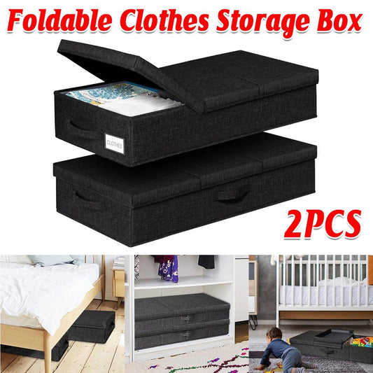 2PCS Black Foldable Storage Box Underbed with Lid Fabric Wardrobe Organizers