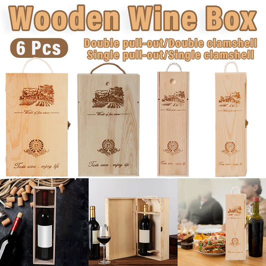 6pcs Red Wine Wooden Gift Box Packaging Storage Box for Wine Bottle Gifts - Double pull-out