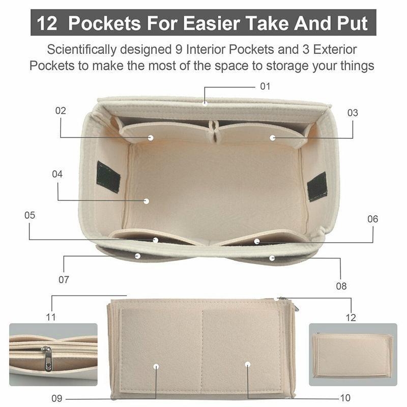 Felt Handbag Organizer Insert with Multiple Pockets for Tote and Purse - Red L Size