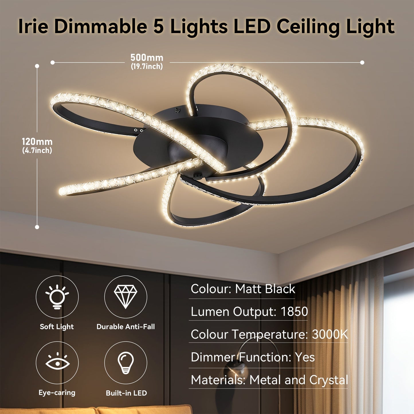 Irie Dimmable 5 Lights LED Ceiling Light - Black