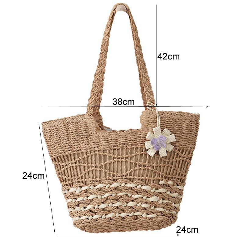 Large Capacity Straw Tote Bag with Hollow Wave Design and Lining - Light Brown