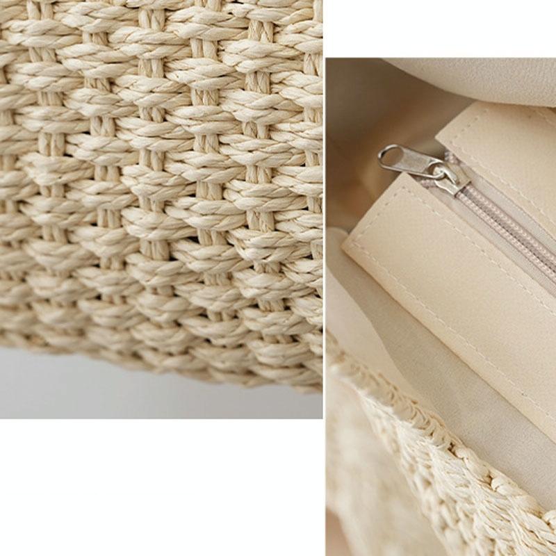 Large Capacity Straw Tote Bag with Hollow Wave Design and Lining - Light Brown