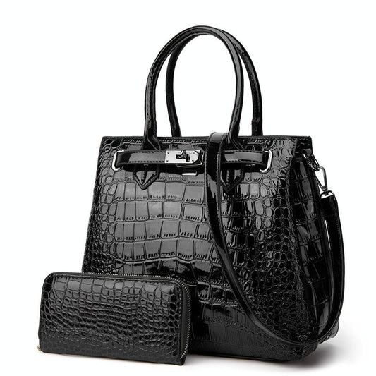 Large Capacity 2-in-1 Crocodile Patent Leather Shoulder Bag - Black