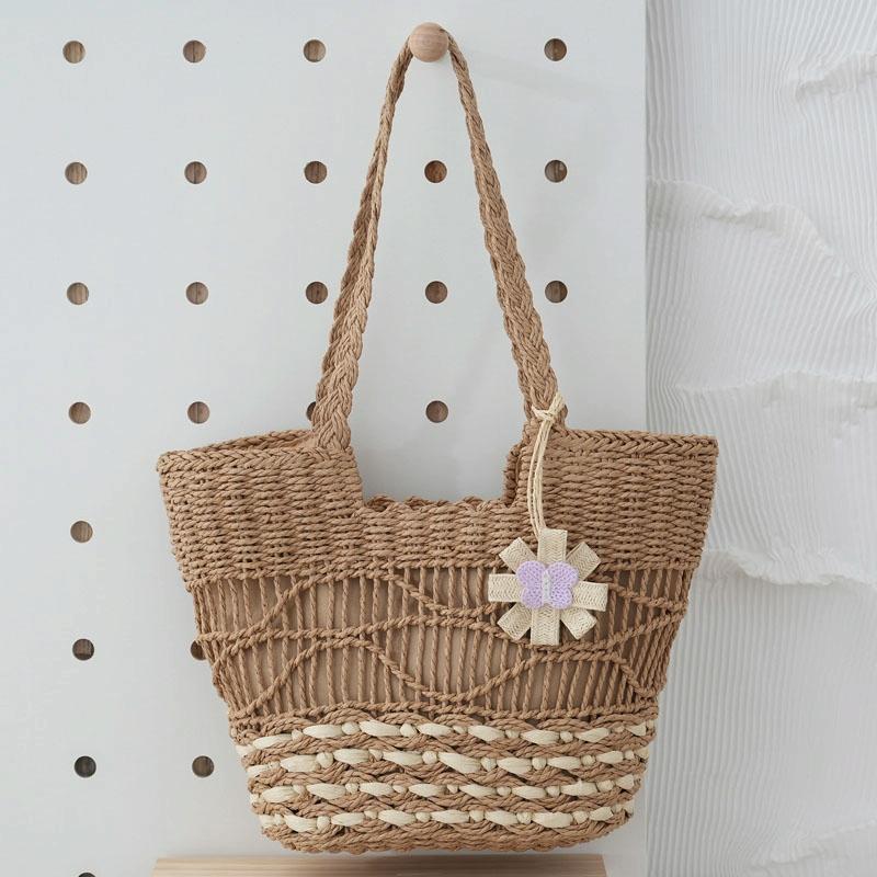 Large Capacity Straw Tote Bag with Hollow Wave Design and Lining - Beige