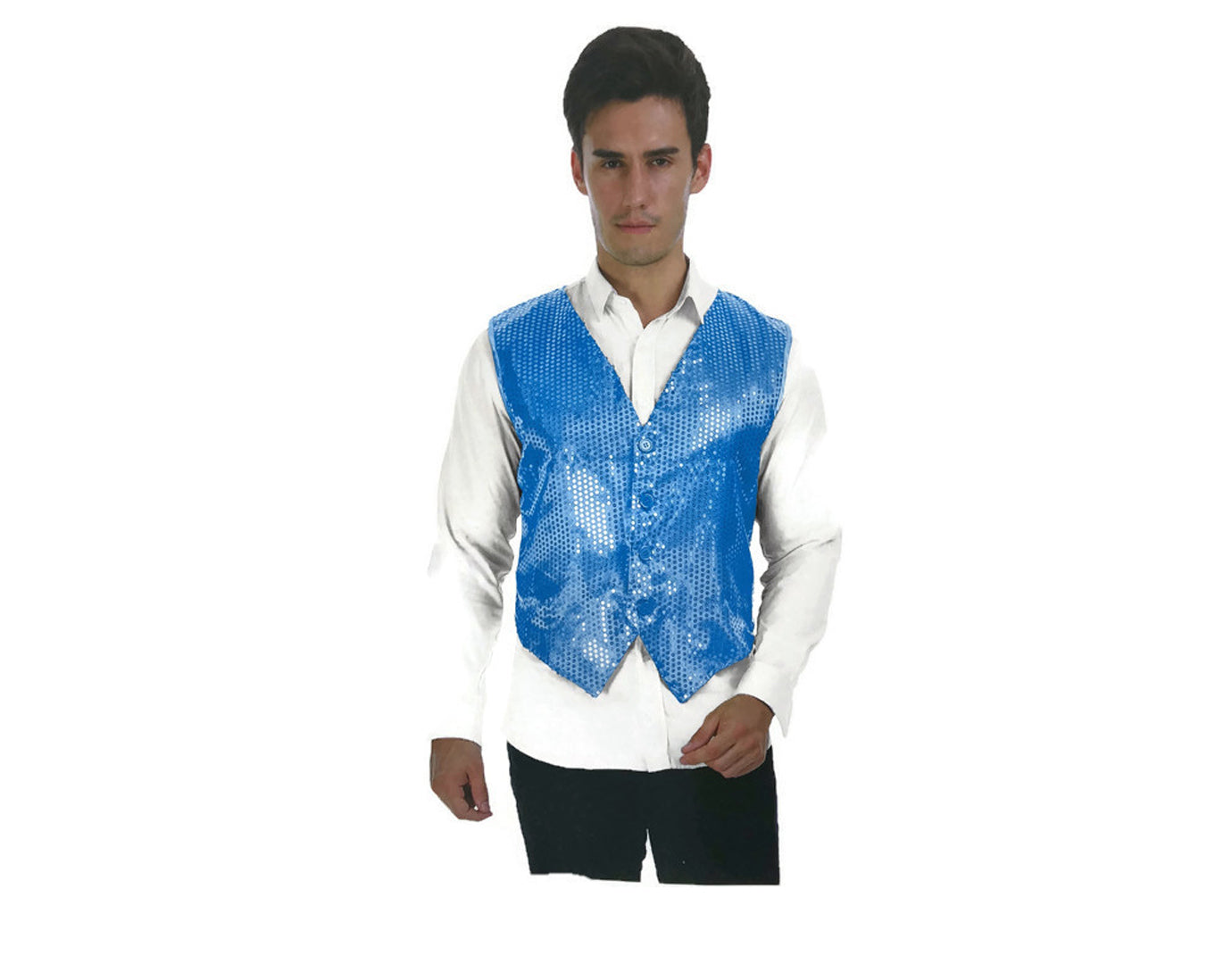 Mens Premium SEQUIN VEST Waistcoat Dance Costume Disco Sparkle Deluxe - Light Blue