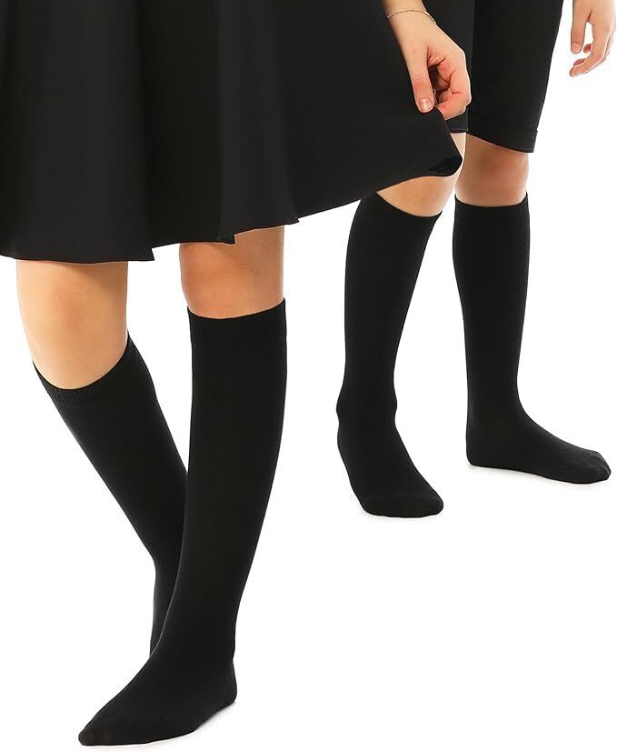Knee High School Socks for Girls Boys Plain Cotton Rich Kids Seamless No Seam - 6-11 (Black)