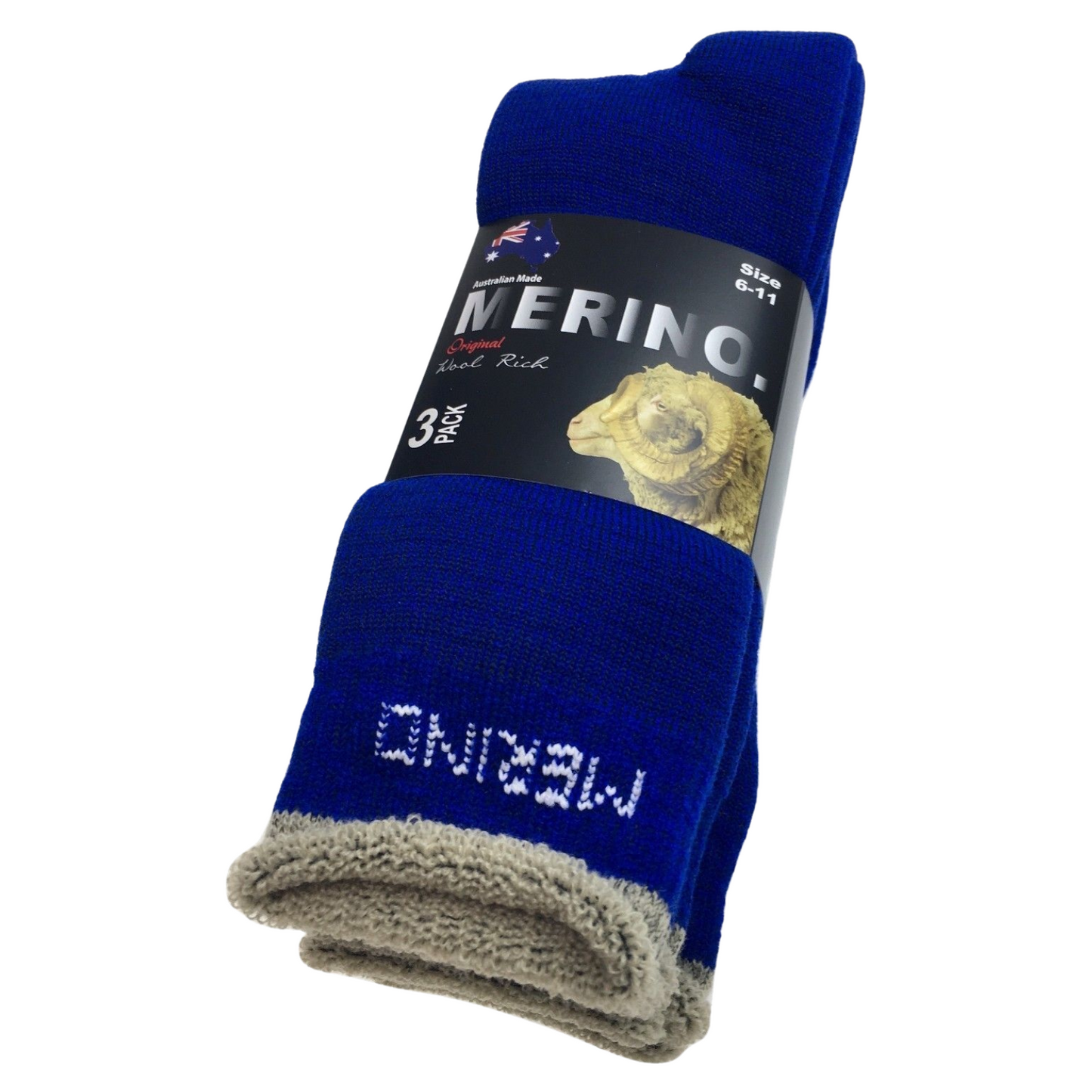 3 Pairs MERINO WOOL SOCKS Mens Heavy Duty Premium Thick Work Socks Cushion - Blue - 6-11