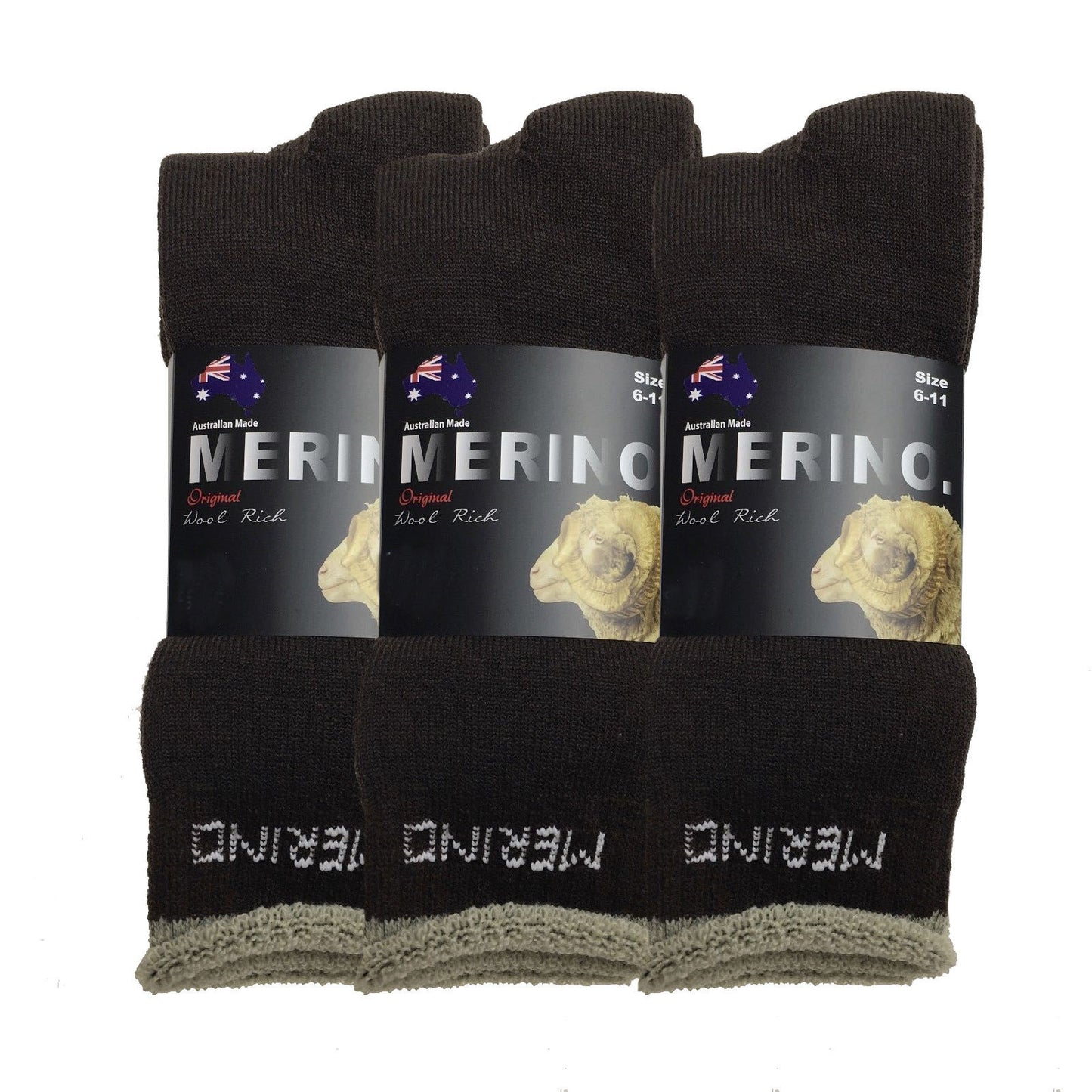 3 Pairs MERINO WOOL SOCKS Mens Heavy Duty Premium Thick Work Socks Cushion - Brown - 6-11