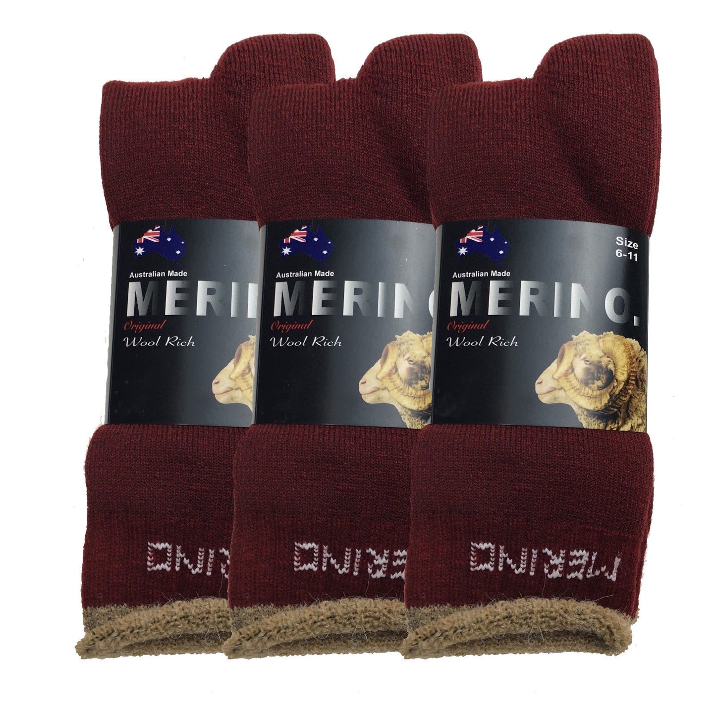 3 Pairs MERINO WOOL SOCKS Mens Heavy Duty Premium Thick Work Socks Cushion - Burgundy - 11-14