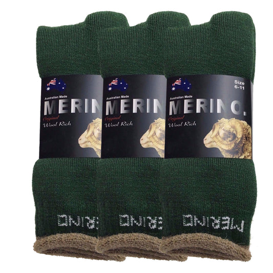3 Pairs MERINO WOOL SOCKS Mens Heavy Duty Premium Thick Work Socks Cushion - Green - 11-14