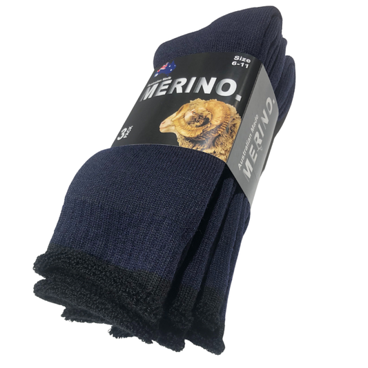 3 Pairs MERINO WOOL SOCKS Mens Heavy Duty Premium Thick Work Socks Cushion - Navy Blue - 6-11