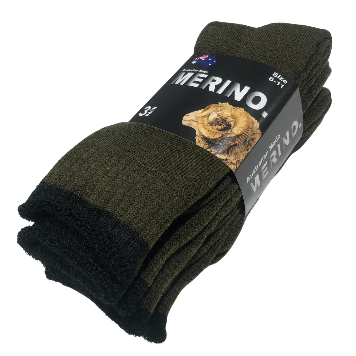 3 Pairs MERINO WOOL SOCKS Mens Heavy Duty Premium Thick Work Socks Cushion - Olive - 11-14