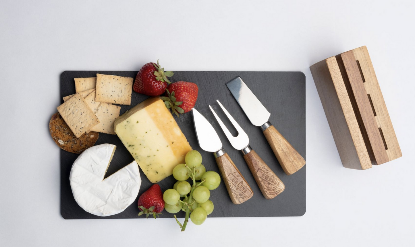 4pc Euroline Slate Wooden 30cm Cheese Board w/ Plane Knife / Fork - Brown