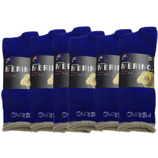 6 Pairs MERINO WOOL SOCKS Mens Heavy Duty Premium Thick Work Socks Cushion BULK - Blue - 6-11