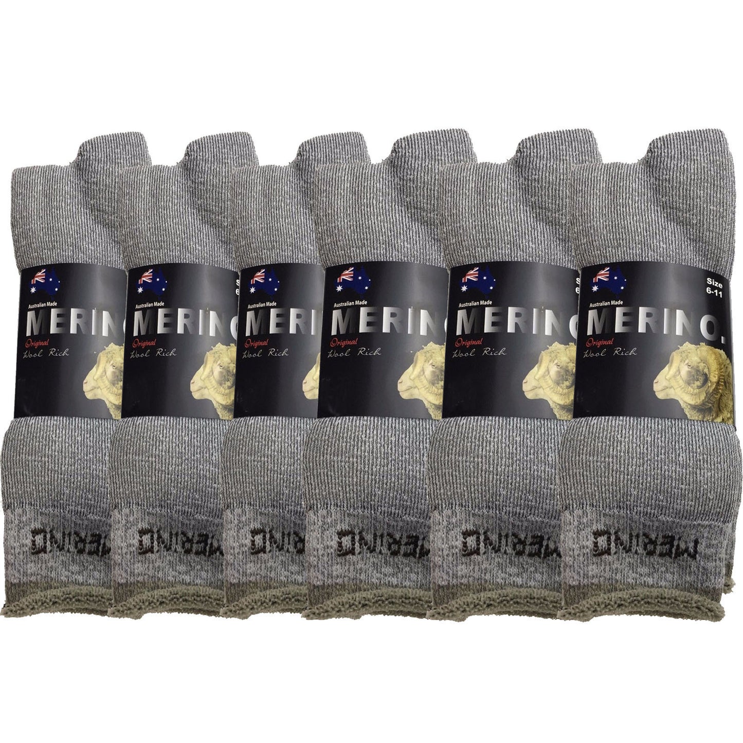 6 Pairs MERINO WOOL SOCKS Mens Heavy Duty Premium Thick Work Socks Cushion BULK - Grey - 11-14
