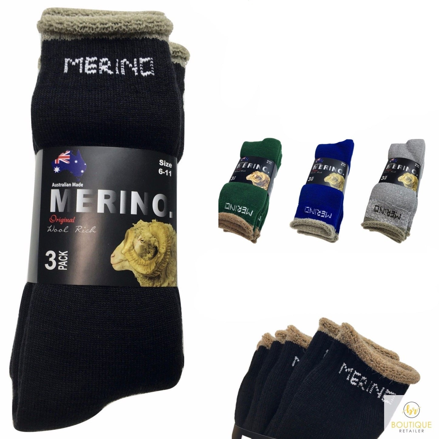 6 Pairs MERINO WOOL SOCKS Mens Heavy Duty Premium Thick Work Socks Cushion BULK - Mystery Mix of 2 Colours - 6-11