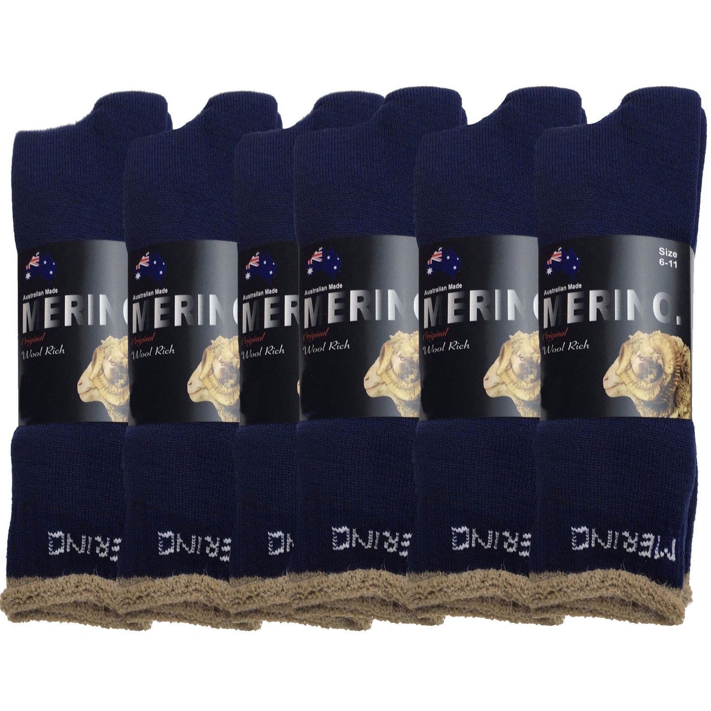 6 Pairs MERINO WOOL SOCKS Mens Heavy Duty Premium Thick Work Socks Cushion BULK - Navy Blue - 6-11