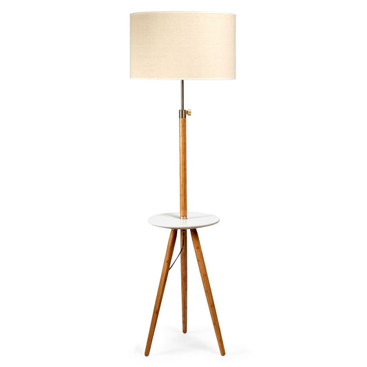 165cm Adjustable Bamboo Tripod Floor Lamp Light with Linen Shade & Built-In Table