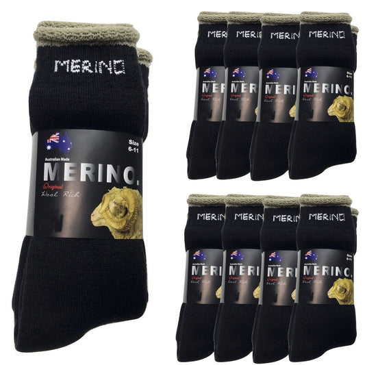 9 Pairs MERINO WOOL SOCKS Mens Heavy Duty Premium Thick Work Socks Cushion BULK - Black - 11-14