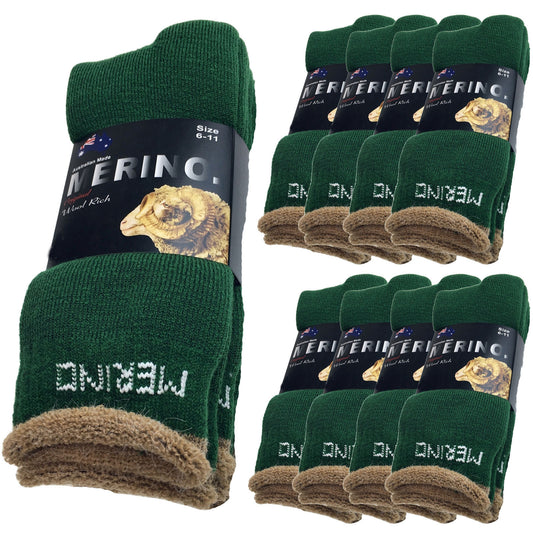 9 Pairs MERINO WOOL SOCKS Mens Heavy Duty Premium Thick Work Socks Cushion BULK - Green - 6-11