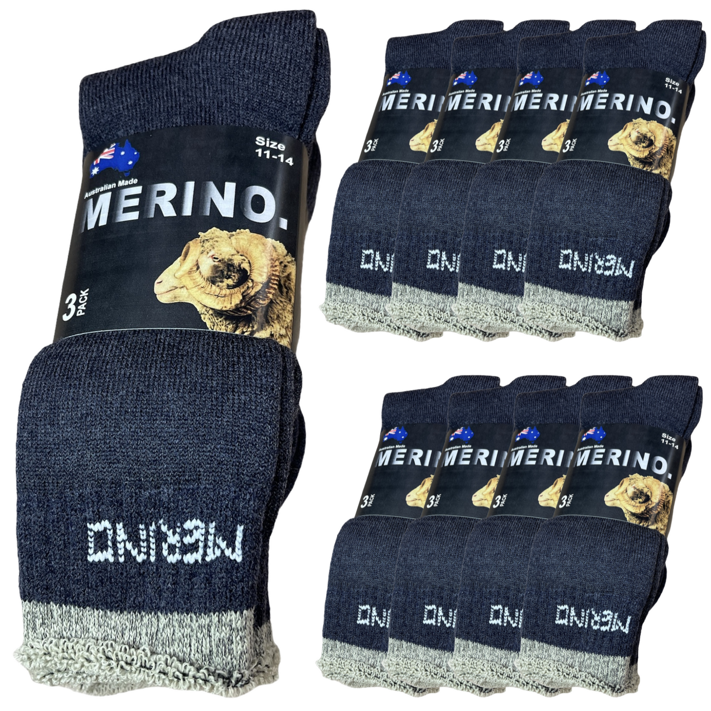 9 Pairs MERINO WOOL SOCKS Mens Heavy Duty Premium Thick Work Socks Cushion BULK - Navy Blue - 11-14