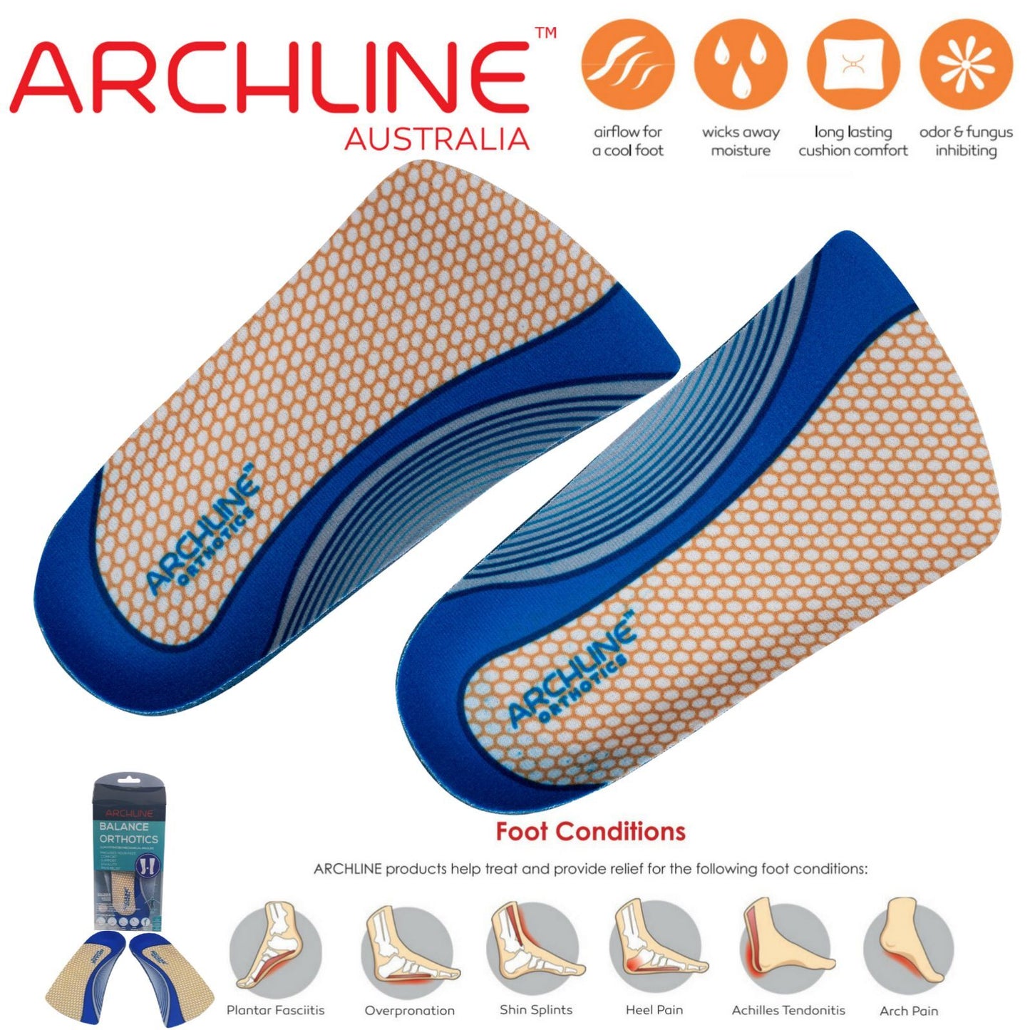 ARCHLINE 3/4 Slim Orthotics Plantar Fasciitis Insoles Balance Support Relief - EUR 41