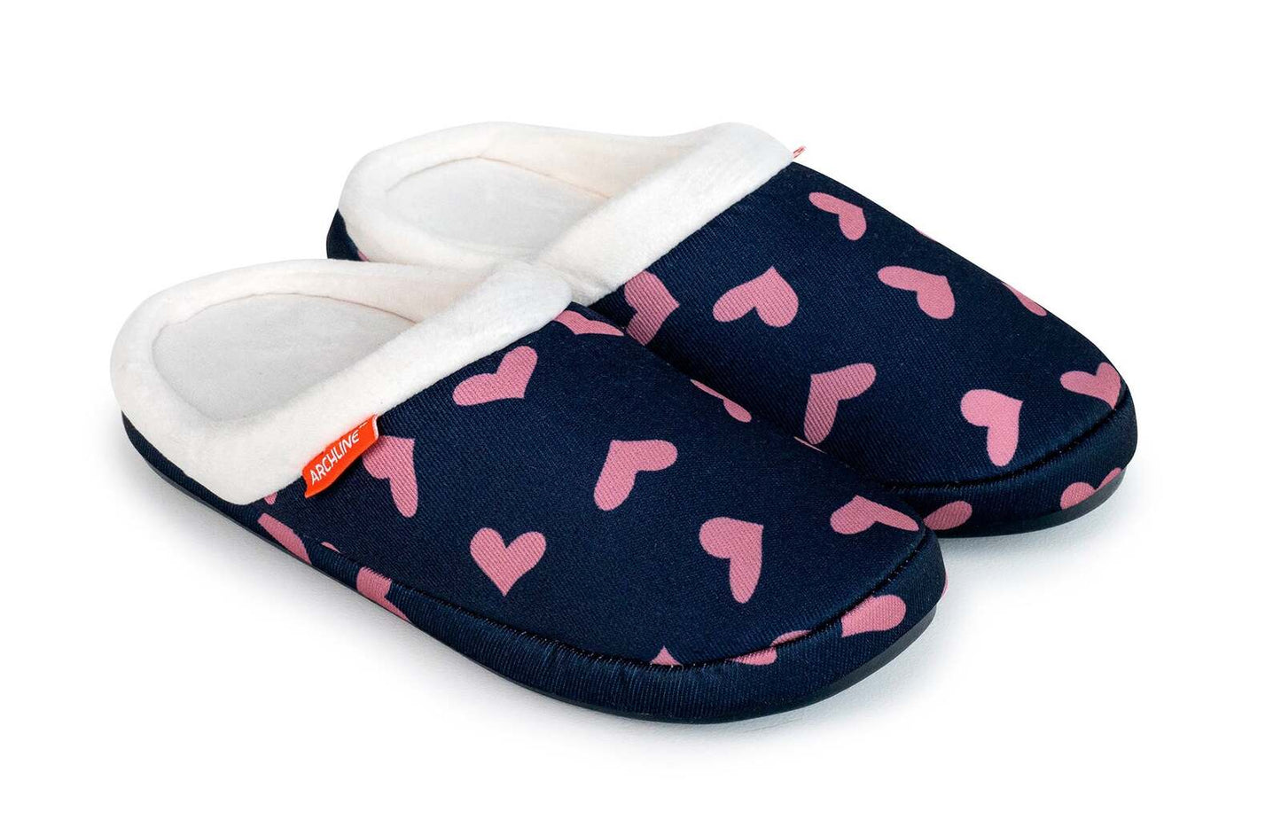 ARCHLINE Orthotic Slippers Slip On Scuffs Pain Relief Moccasins - Navy with Hearts - EUR 40 (Womens US 9)
