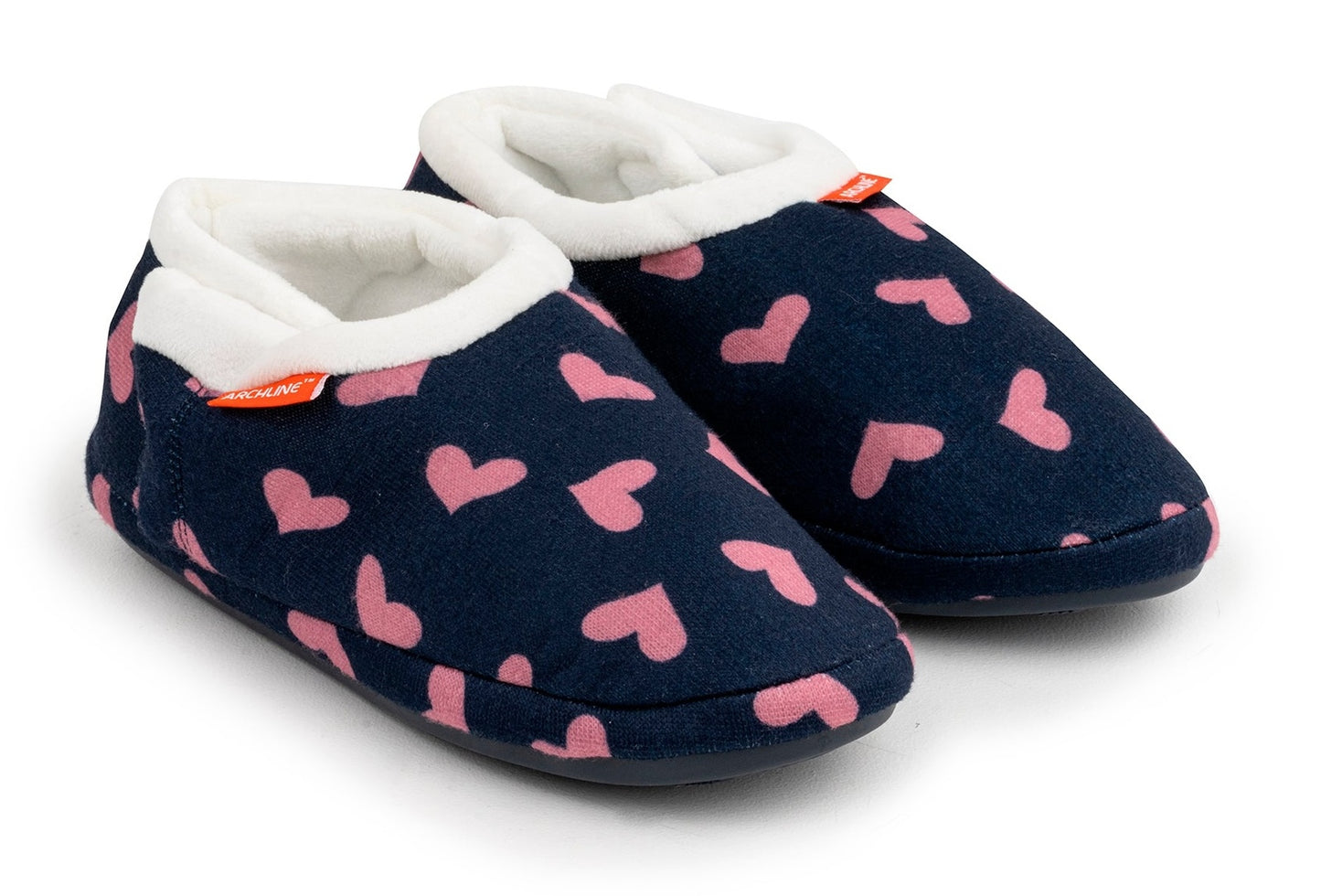 ARCHLINE Orthotic Slippers CLOSED Arch Scuffs Moccasins Pain Relief in Navy Hearts - EUR38