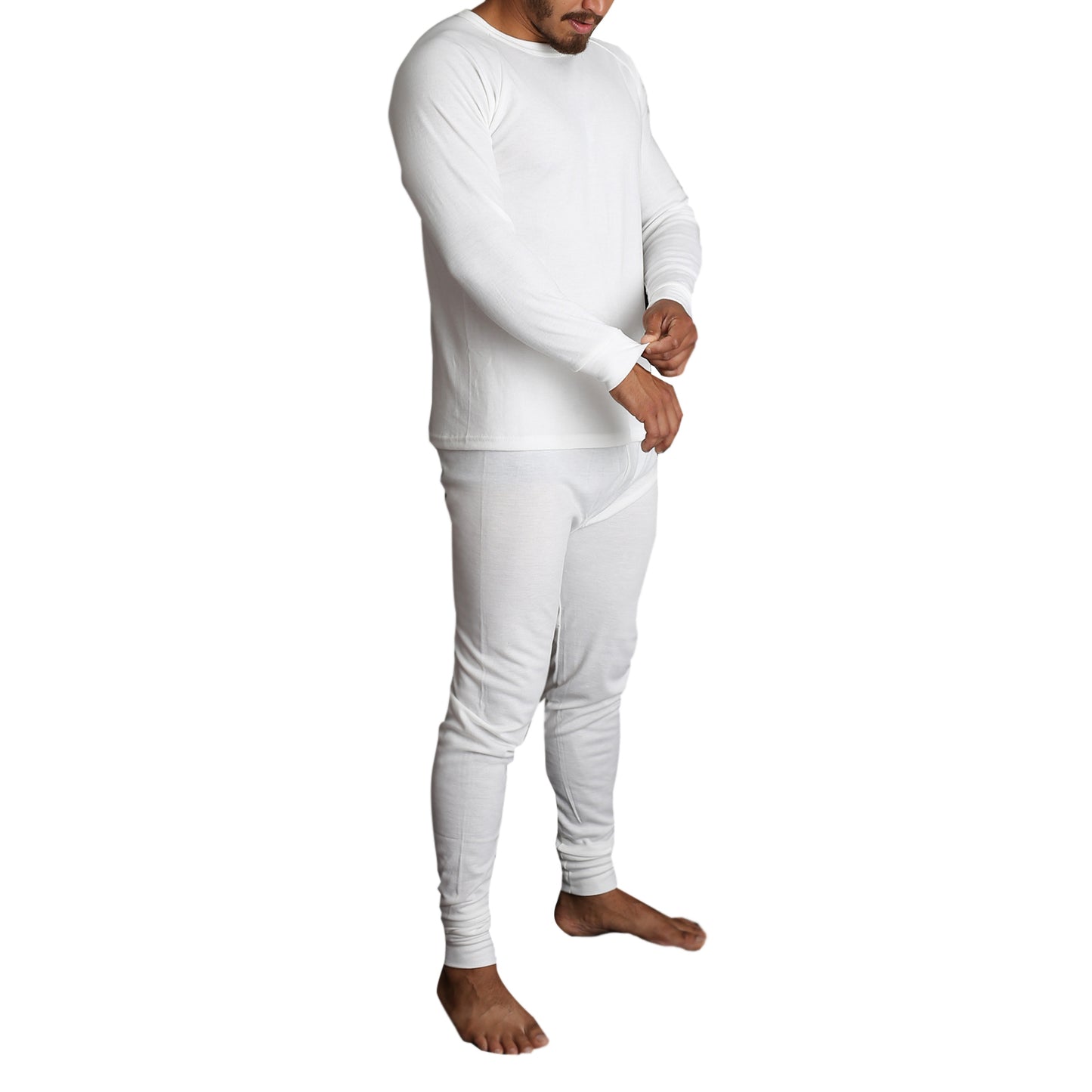2pcs Set Mens Merino Wool Blend Long Sleeve Thermal Top & Long Johns Pants Underwear - Beige - S